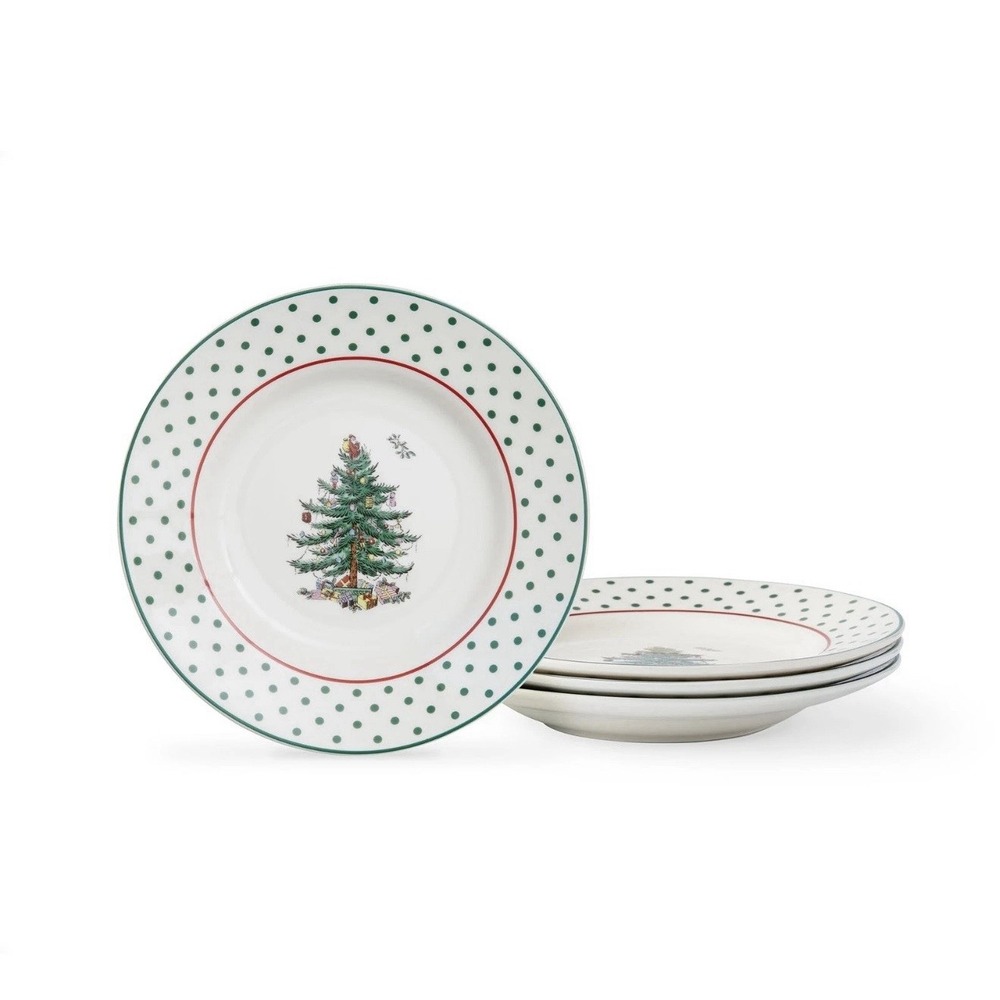 Spode Christmas Tree 6" Polka Dot Tidbit Plates Set of 4 - Round Appetizer
